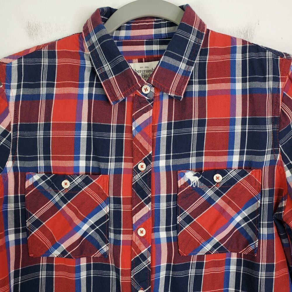 Abercrombie Fitch Button Down Shirt Plaid Mens M Red Blue Y2K Preppy Preppy - Picture 5 of 9